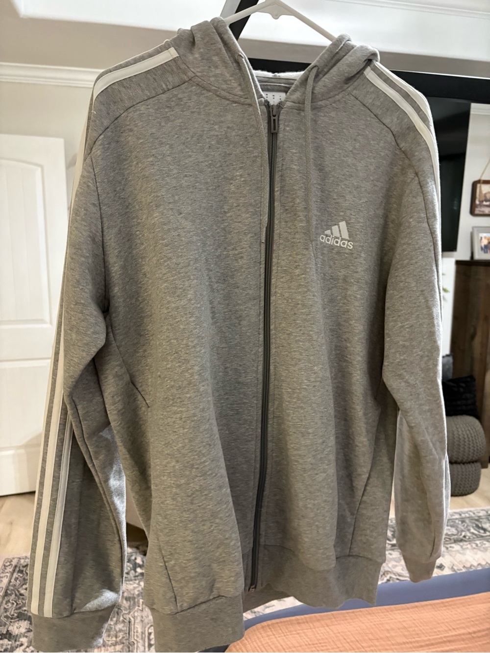 adidas Grey Full-Zip Performance Hoodie Jacket with White Stripes